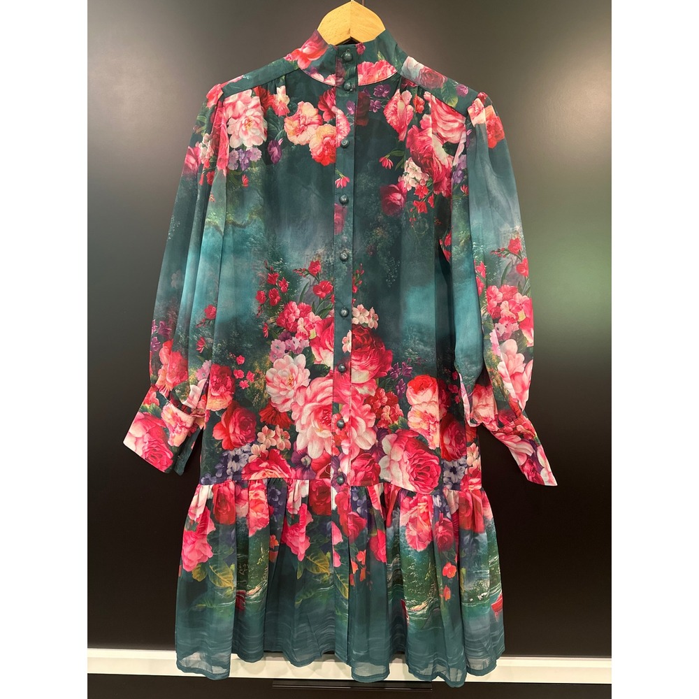 Dalia MacPhee Hunter Green Floral Mini Dress High Neck Long Sleeve Ruffle Hem M